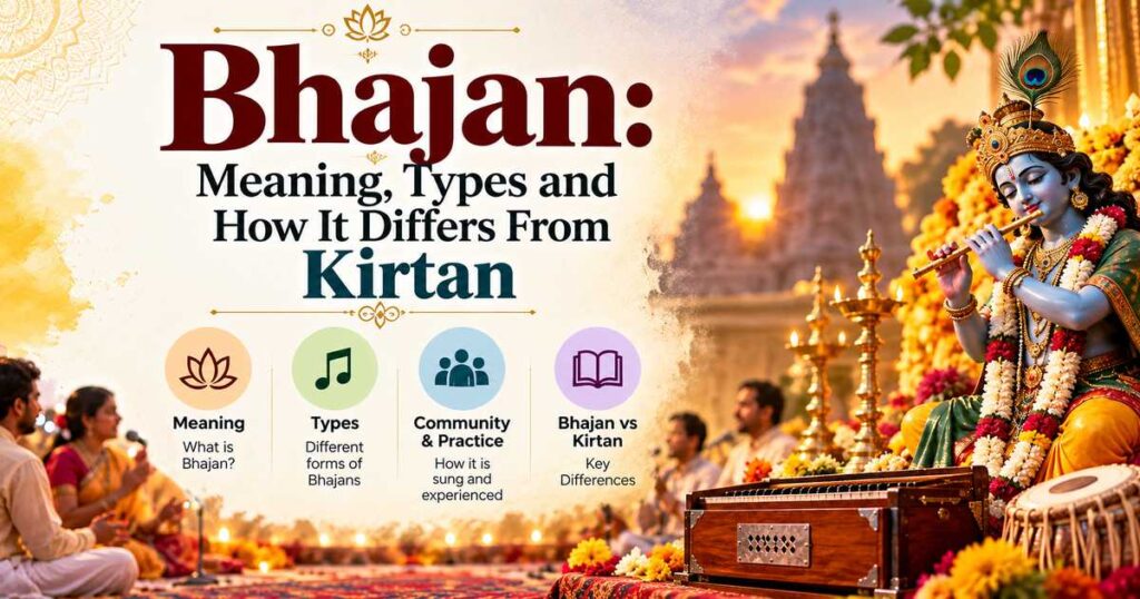 Group of people seated on a rug singing a bhajan with a harmonium, dholak, hand cymbals and a lit lamp