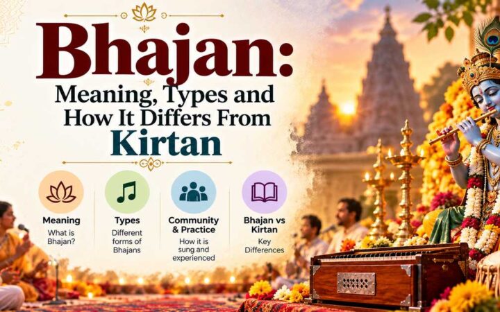 Group of people seated on a rug singing a bhajan with a harmonium, dholak, hand cymbals and a lit lamp